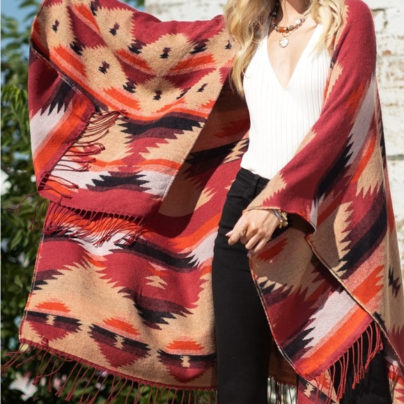 NWOT, Western Aztec Wrap, Ruana, Poncho, Shawl, Cape, One Size Fringe Oversized - Picture 9 of 13